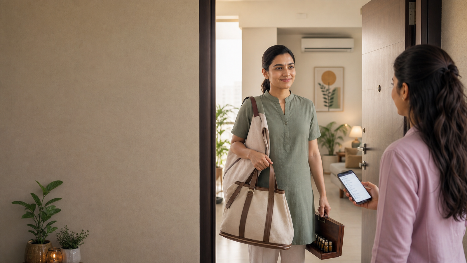 Certified wellness therapist arriving at a modern home for an escrow-protected wellness session